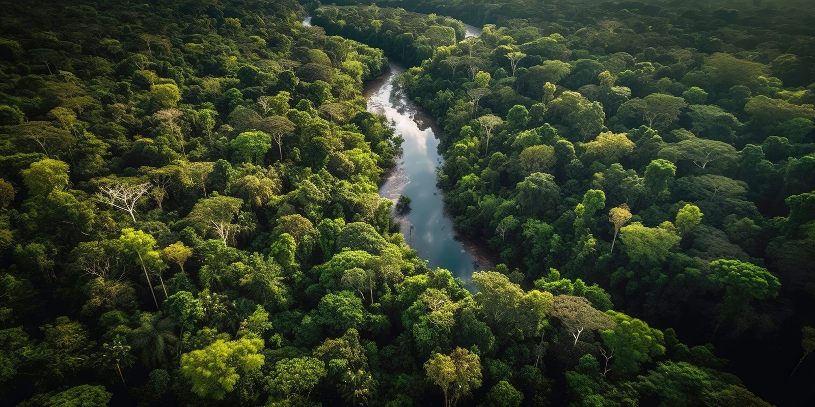 View from the height of the river among the green forest.Aerial view. Panoramic shot. Generative AI